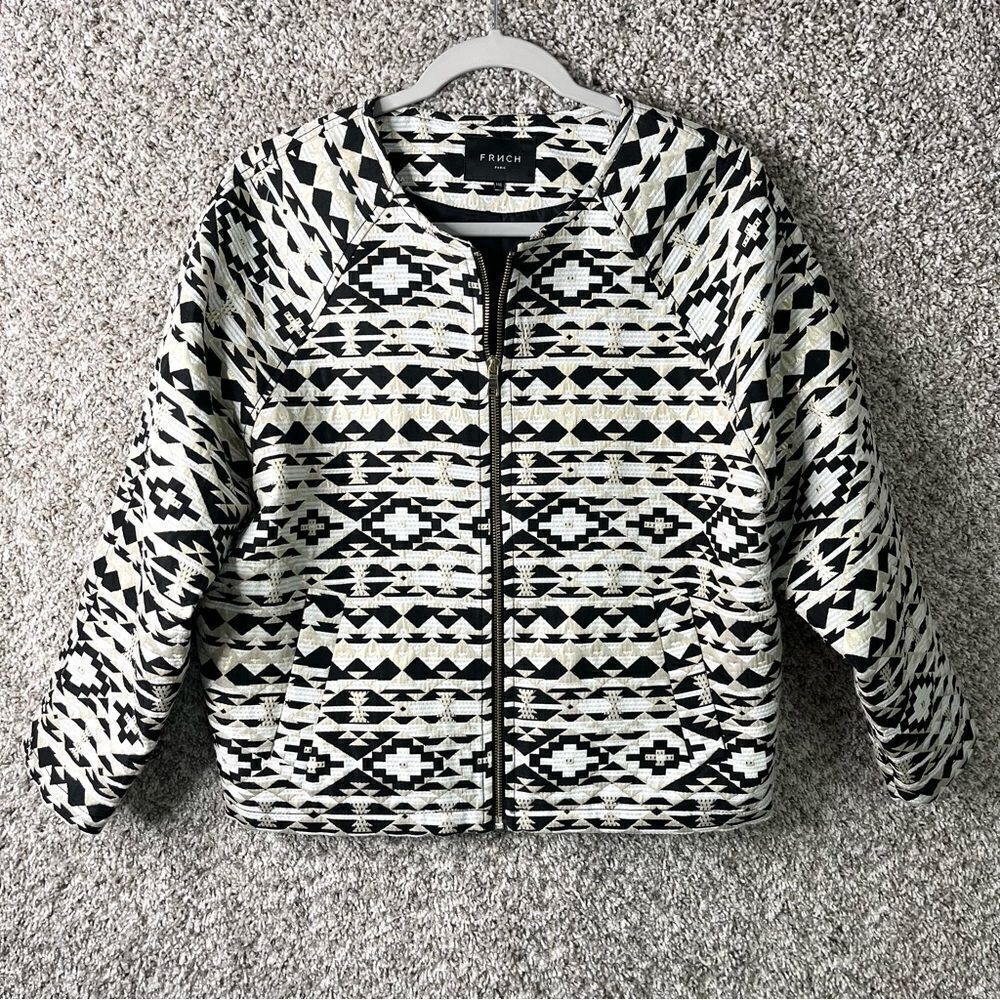 FRNCH Jacket Women’s M/L Black, Ivory and Gold Geometric Zip Up